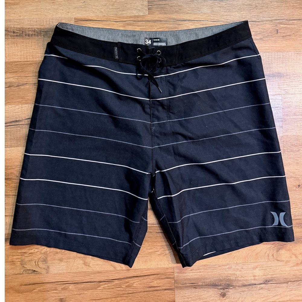 Hurley Board Shorts Black White Striped Lace Up Swim Trunks Mens 34 Surf Beach‎